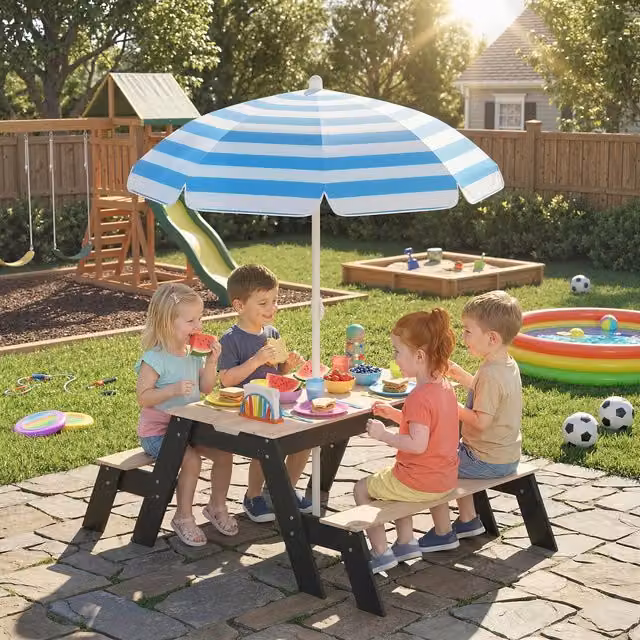 AIYAPLAY 3 in 1 Wooden Kids Picnic Table and Bench Set with Blue and White Striped Parasol in Natural Wood Finish