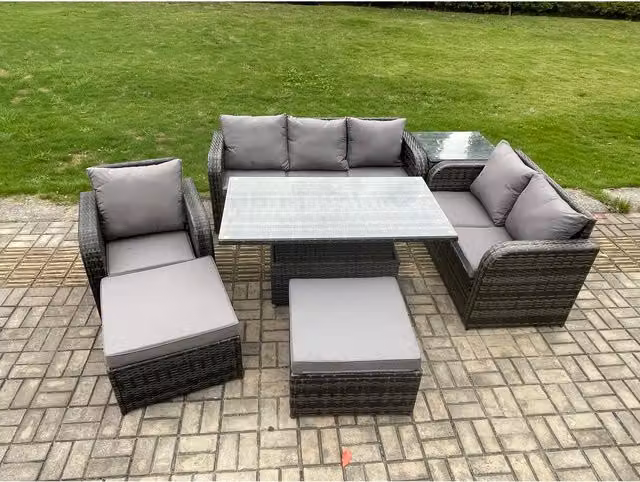 Fimous Grey Rattan Garden Dining Set with Reclining Sofa, Side Table and 2 Footstools