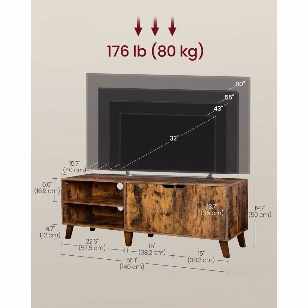 Kelvenix Rustic Brown Wood TV Cabinet with 2 Doors and Adjustable Shelves – 2