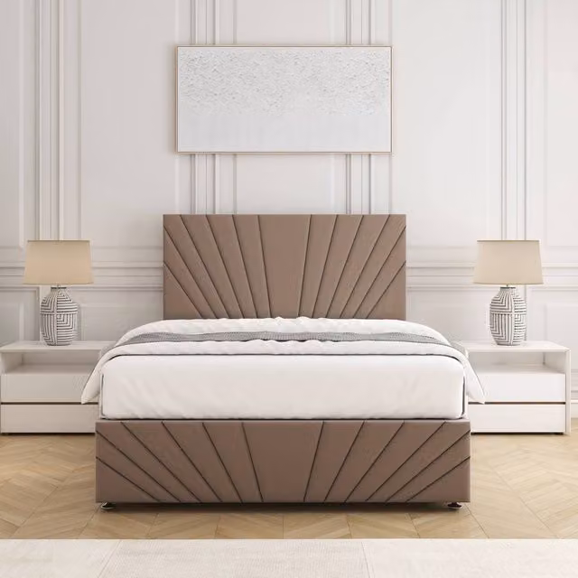 BSSPOKE Rose Divan Bed with 24 inch Plush Headboard, Footboard and Mattress in Taupe Beige, Small Double, W/D/H: 120 x 200 cm