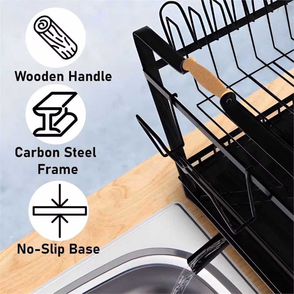EONLION 2 Tier Kitchen Sink Dish Drainer Rack with Cutlery Holder, Black, Width: 100 cm – 4