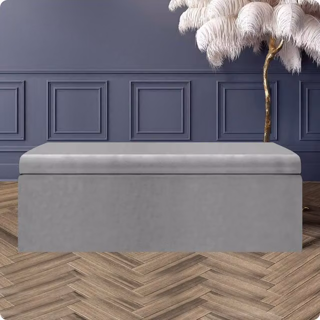 R&M Furnishers Large Plain Safar Storage Ottoman Box in Silver Plush Velvet