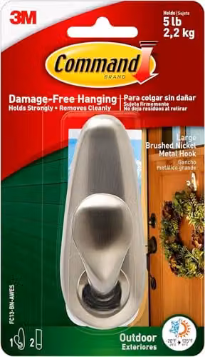 3M Command Large Outdoor Metal Hook in Brushed Nickel and White with 2 Adhesive Strips