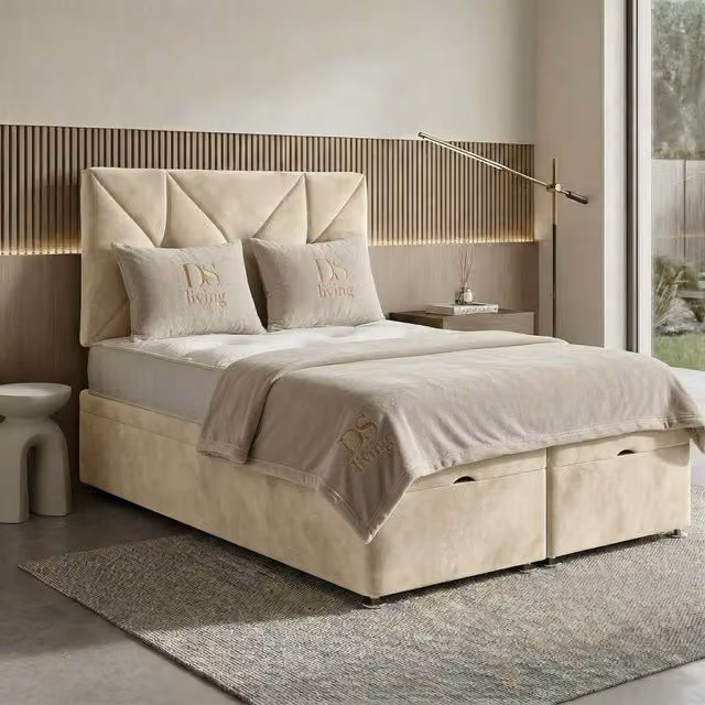 DS Living Eclipse Cream Velvet Upholstered Ottoman Bed with Lift Up Base, W/D/H: 140 x 200 cm – 1