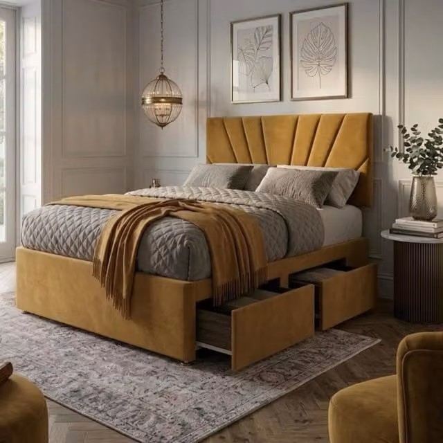 Bed Time UK Plush Divan Bed with 20 inch Sunrise Headboard, 2 Drawers and Mattress in Yellow, Super King, W/D/H: 200 x 200 cm