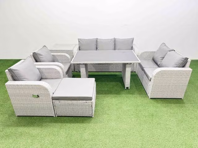 Fimous 8 Seater Modern Garden Furniture Set with Stool and Side Table in Light Grey
