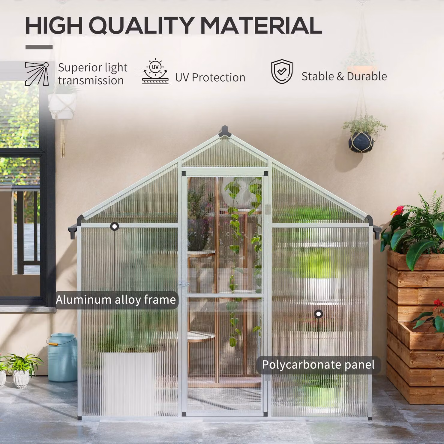 OUTSUNNY Aluminium Greenhouse with Door Window and Galvanised Base in Silver, W/D/H: 195 x 192 x 185 cm – 3