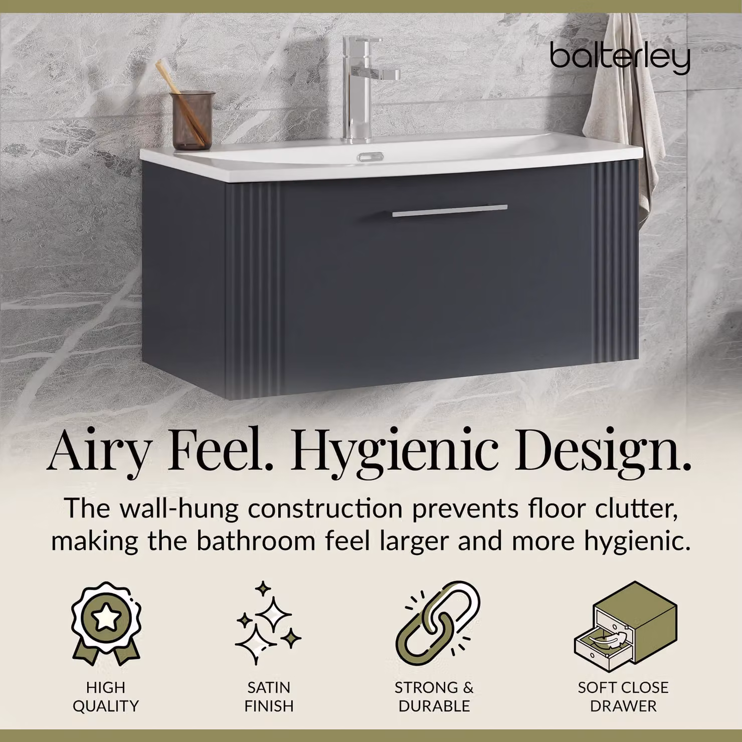 Balterley Wall Hung 1 Drawer Vanity Unit with Curved Basin, Dark Grey, Width: 80 cm – 3