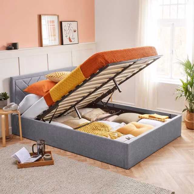 Home Treats Etched Upholstered Ottoman Storage Bed in Grey, W/D/H: 180 x 200 cm