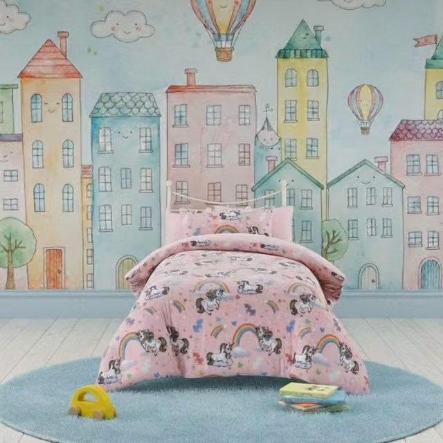 Snug City Unicorn Kids Teddy Fleece Duvet Cover and Pillowcase Set, Pink, W: 140 cm, L: 200 cm