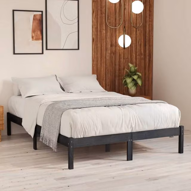 Berkfield Home Modern Grey Solid Pine Wood Bed Frame W/D/H: 200 x 200 cm – 1