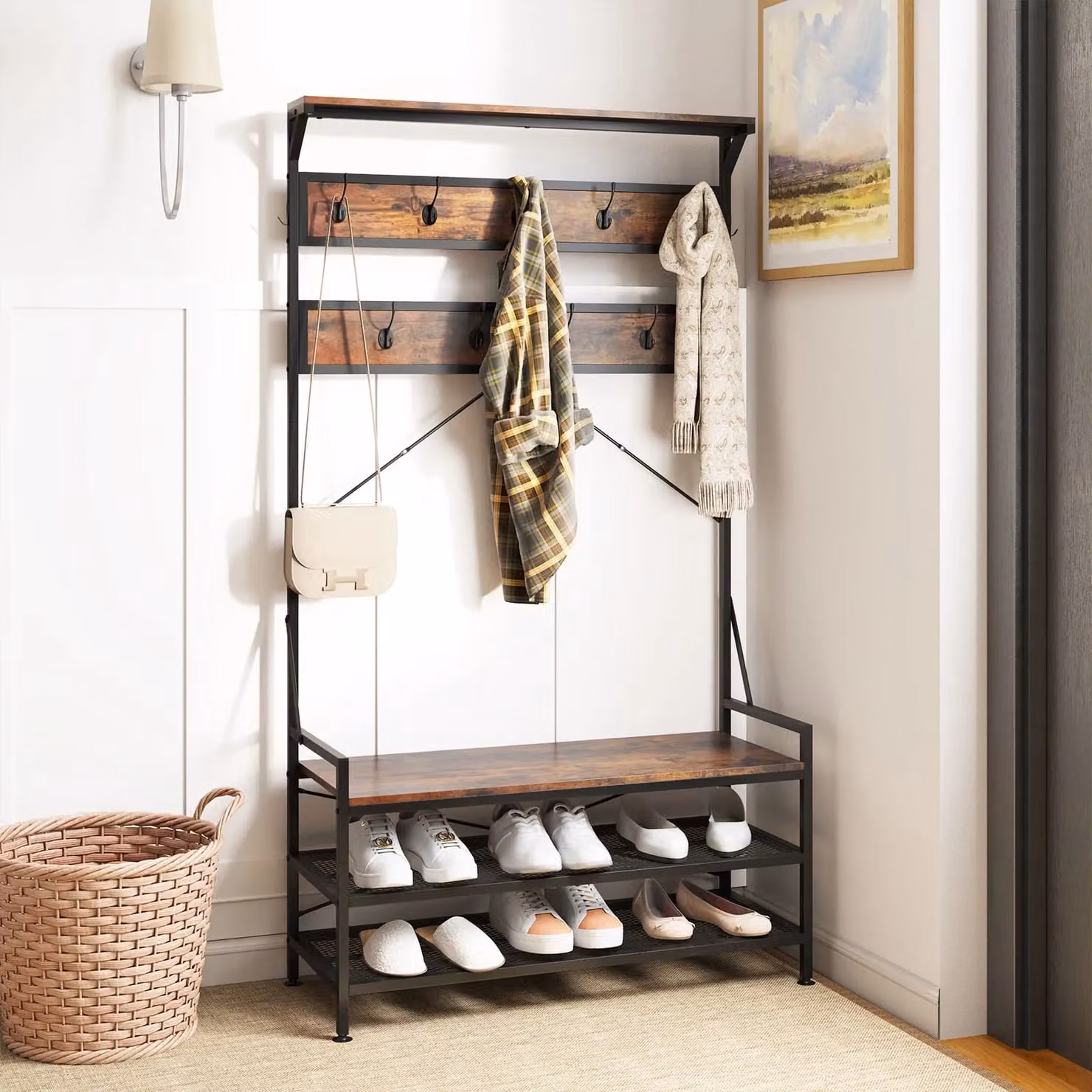 Costway 4-in-1 Industrial Hall Tree with Shoe Bench and 11 Hanging Hooks, Brown – 4