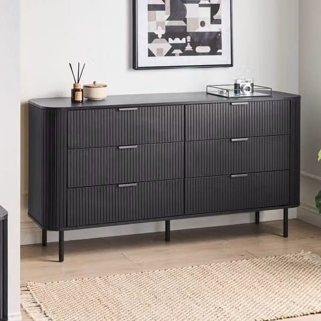 Wyld and Coco 6-Drawer Retro Sideboard in Black Matt MDF with Metal Legs, W/D/H: 153 x 47 x 81 cm – 1