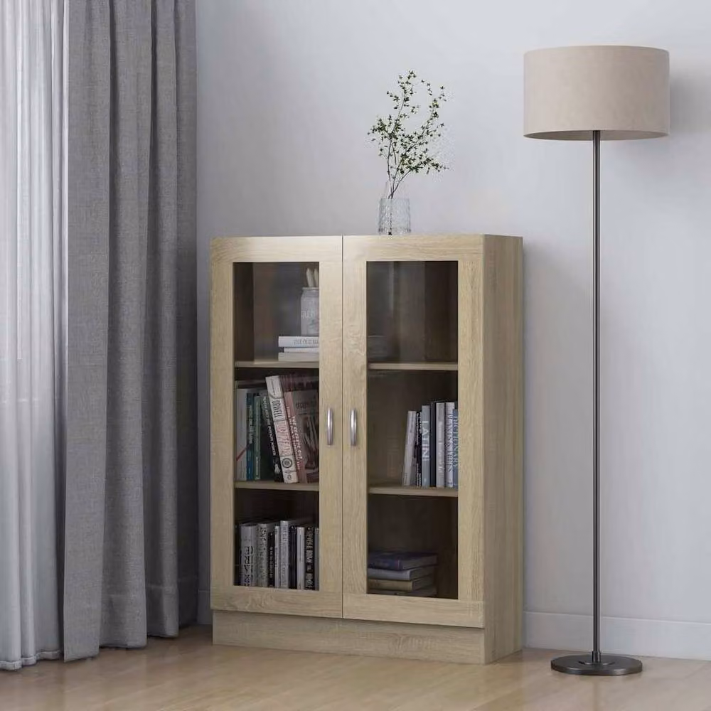Berkfield Home Sonoma Oak Vitrine Cabinet with Glass Doors, Beige, W: 82.5 cm, D: 30.5 cm, H: 115 cm – 2