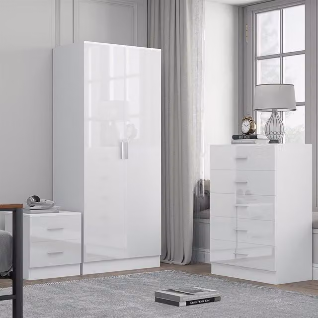 REFLECT Bedroom Furniture Bundle including 2-Door Plain Wardrobe, Chest of Drawers and Bedside Table in White Gloss and Matt White