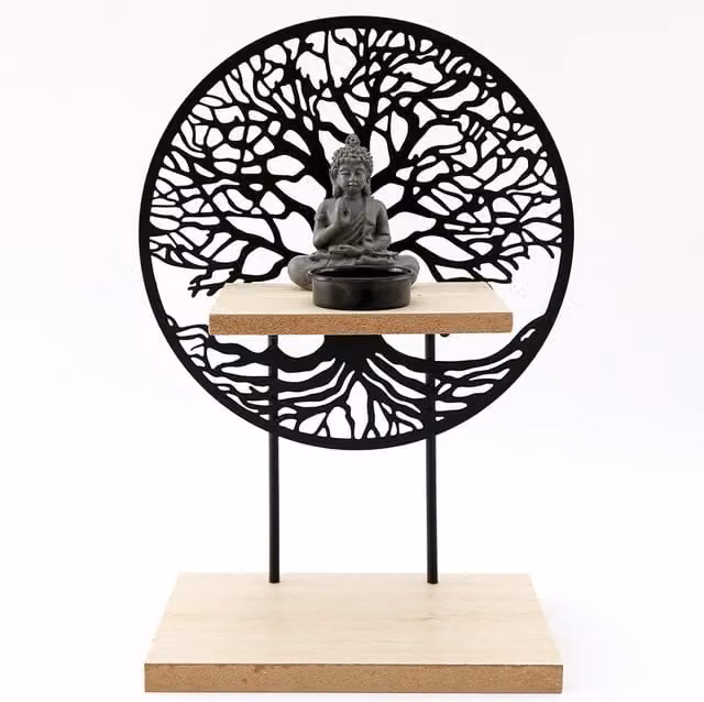 KDMK Tree of Life Buddha Tealight Candle Holder Ornament in Grey and Black Metal