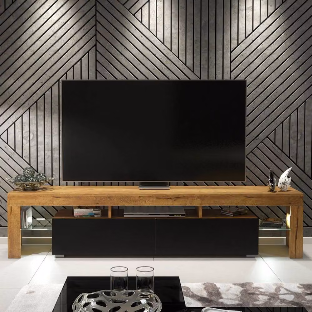 PAWNORA Modern Brown Oak TV Unit and Sideboard Cabinet with Glass and Wood Details – 2