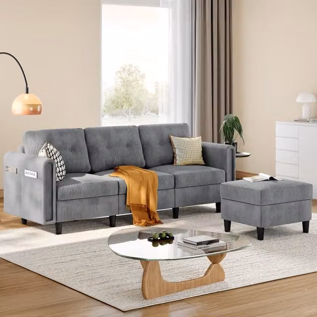Yaheetech Reversible L-Shape 3-Seater Fabric Upholstered Corner Sofa with Matching Ottoman in Grey
