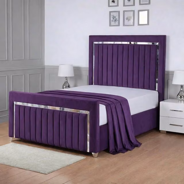 Living Comfort Bedz Chrome Edge Ottoman Gas Lift Storage Bed in Purple Velvet, Super King, W/D/H: 200 x 200 cm