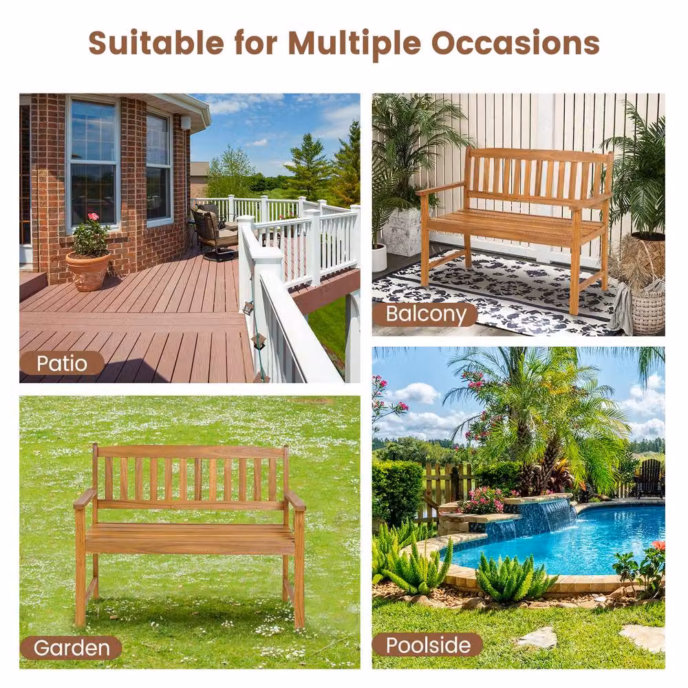 Costway Acacia Wood 2-Person Outdoor Garden Bench with Armrests in Natural Brown – 6