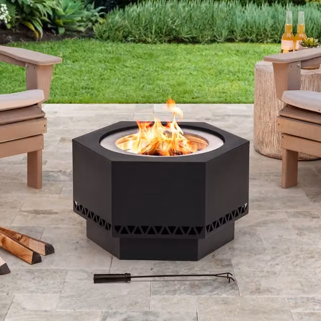 Sunjoy Smokeless Black Wood Fire Pit Bowl with Stainless Steel