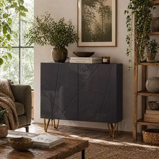 Wyld Haus Diro Modern High Gloss Black Sideboard with Geometric Pattern and Gold Hairpin Legs – 1