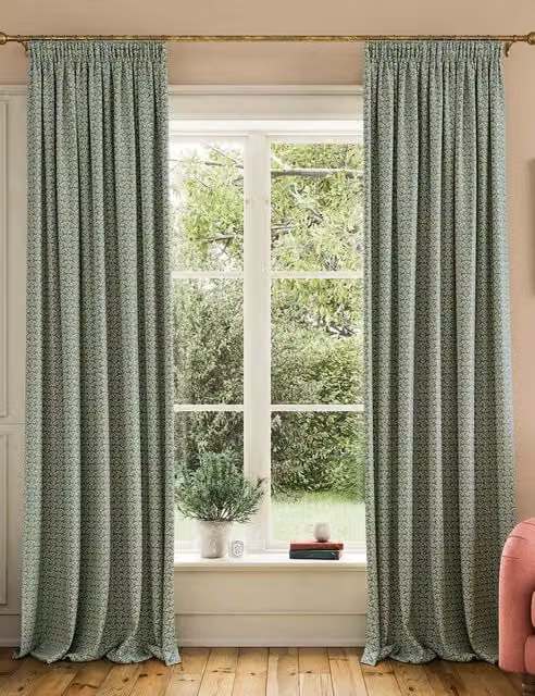 Joules Floral Foulard Green Pure Cotton Pencil Pleat Curtains H: 183 cm, W: 168 cm