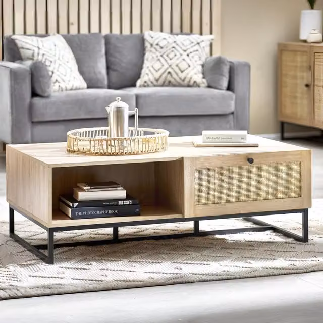 Julian Bowen Padstow Rattan and Oak Rectangular Coffee Table in Oak – 1