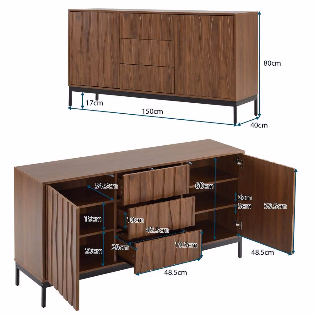 BTM Mid-Century Style Dark Oak Sideboard with 3 Soft-Close Drawers in Brown – 4