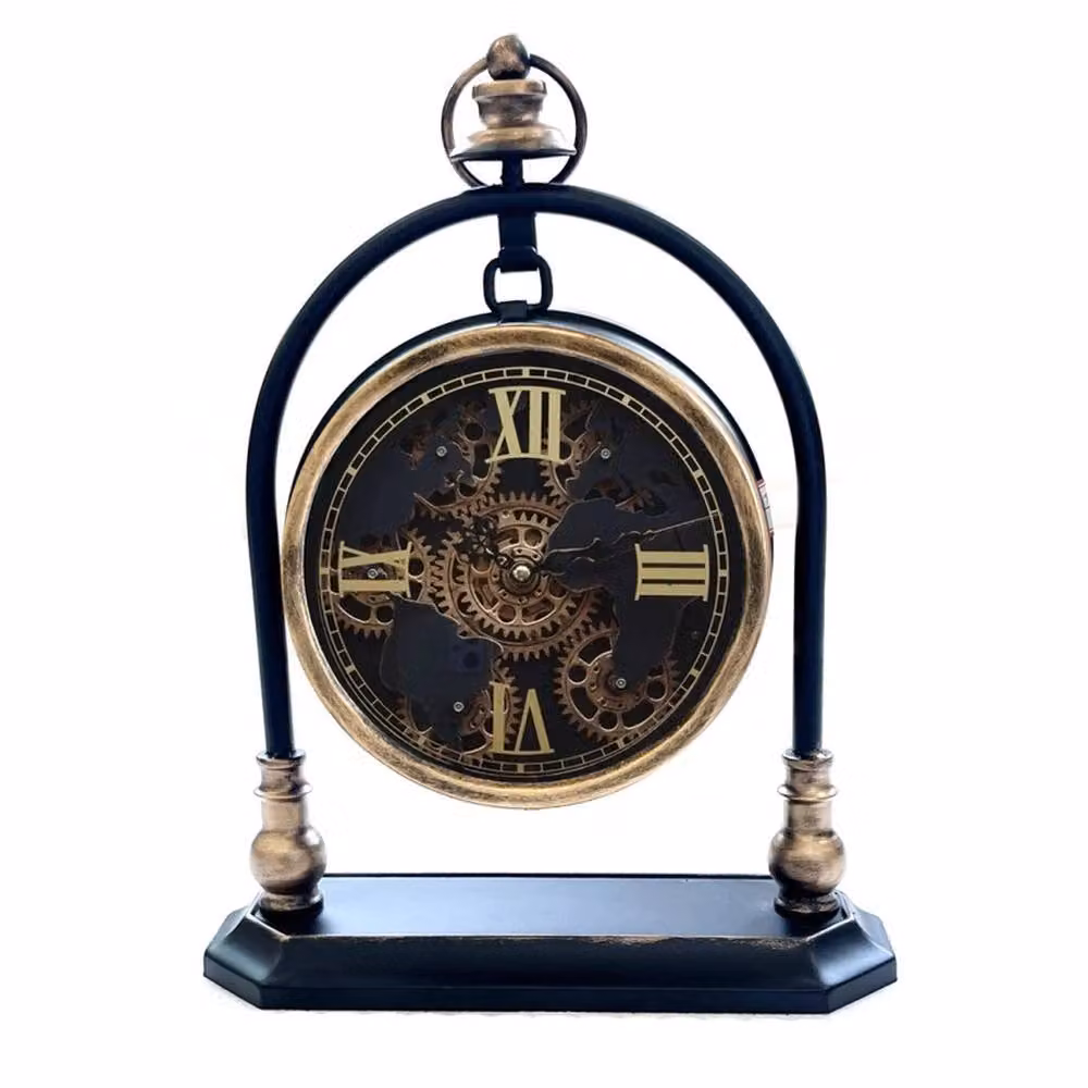 VOGREX Modern Round Mantel Gear Clock with Silent Sweep Movement in Black, Gold and Multicolour Metal – 2