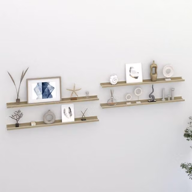 Berkfield Home Wall Mounted Shelves, 4 Piece Set in White and Sonoma Oak, W: 100 cm, D: 9 cm, H: 3 cm