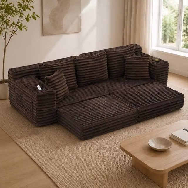 STILVORA Brown Upholstered Convertible Sofa with Cup Holders and Side Pockets