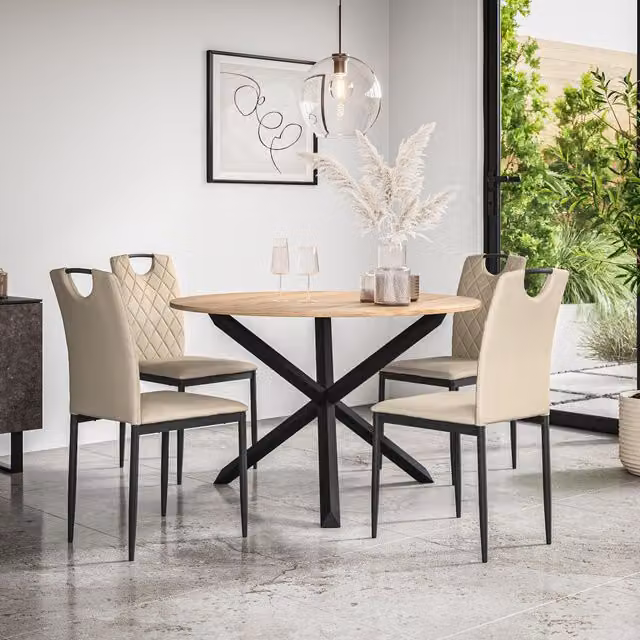 More4Homes Malvern Round Dining Table and Set of 4 Monza Faux Leather Chairs in Beige and Black with Oak Top – 1