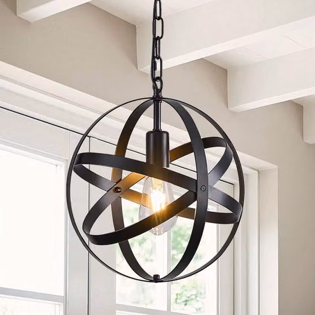 Garwarm Industrial Globe Farmhouse Pendant Light in Black with Transparent Glass Sphere