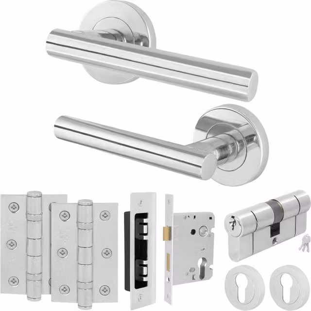 AFIT Polished Chrome Door Handle Set with Euro Lock Cylinder and Hinges in Silver, Aluminium – 1