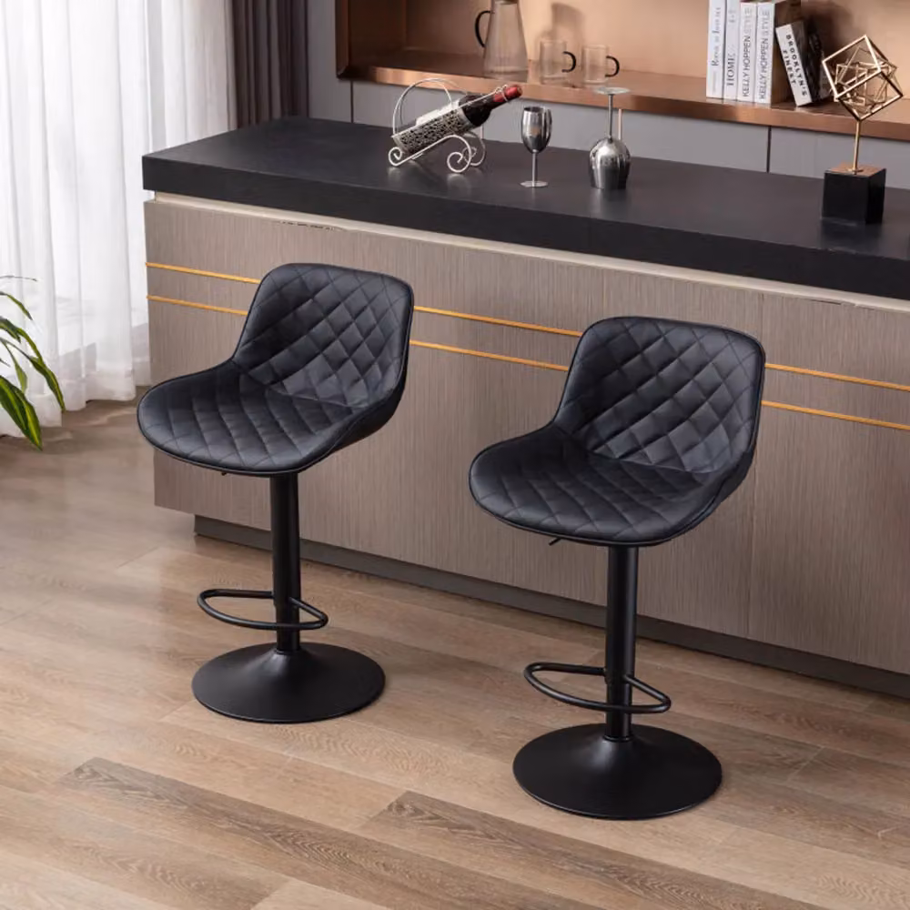 Living and Home Set of 2 Black PU Leather Diamond Lattice Swivel Bar Stools with Height Adjustment and Footrest – 2