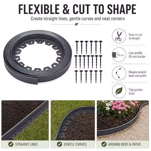 SolaDirect Grey Flexible Plastic Lawn Edging Border – 6