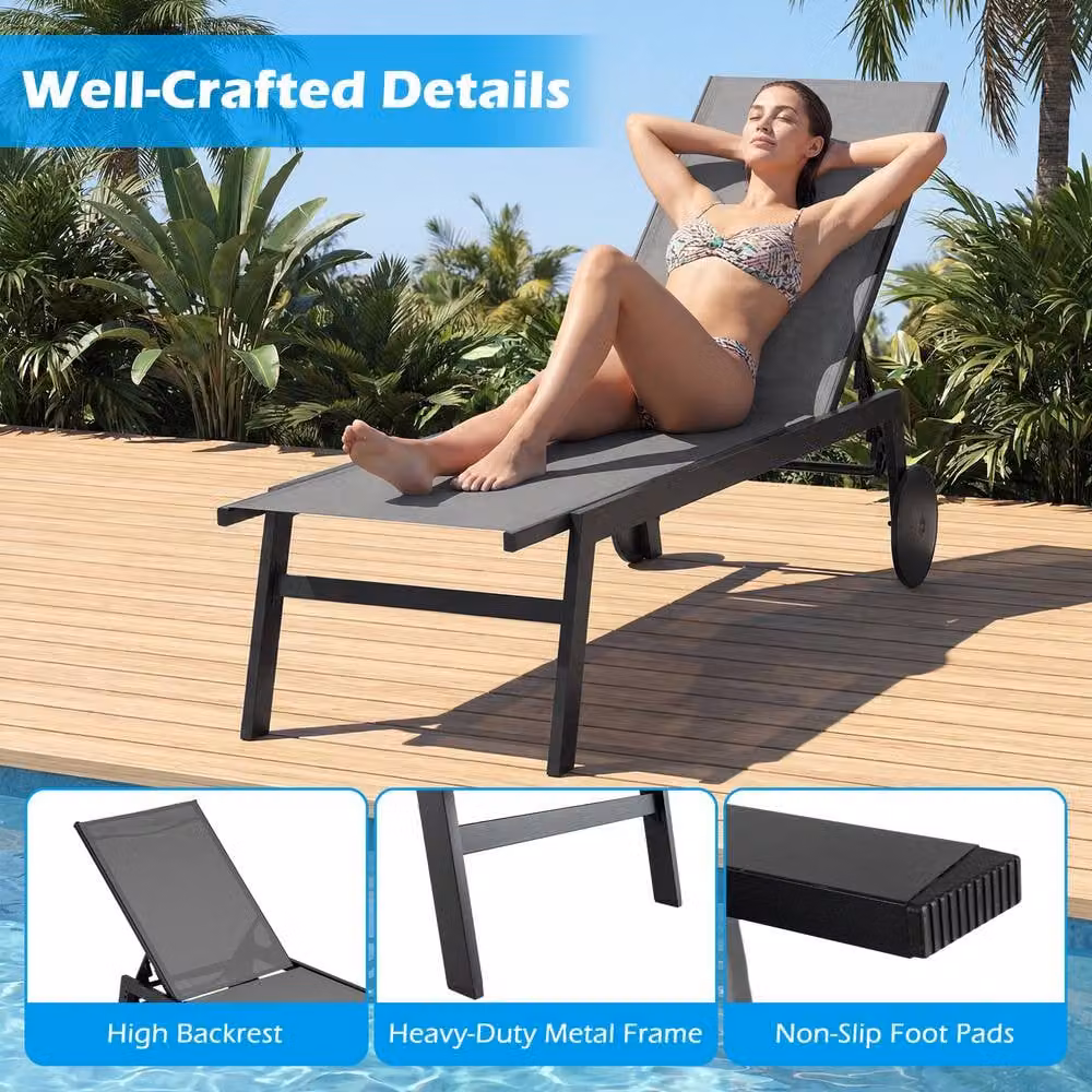 Costway Set of 2 Grey Outdoor Patio Sun Lounger Recliner Chairs with Wheels and Adjustable Headrests – 4