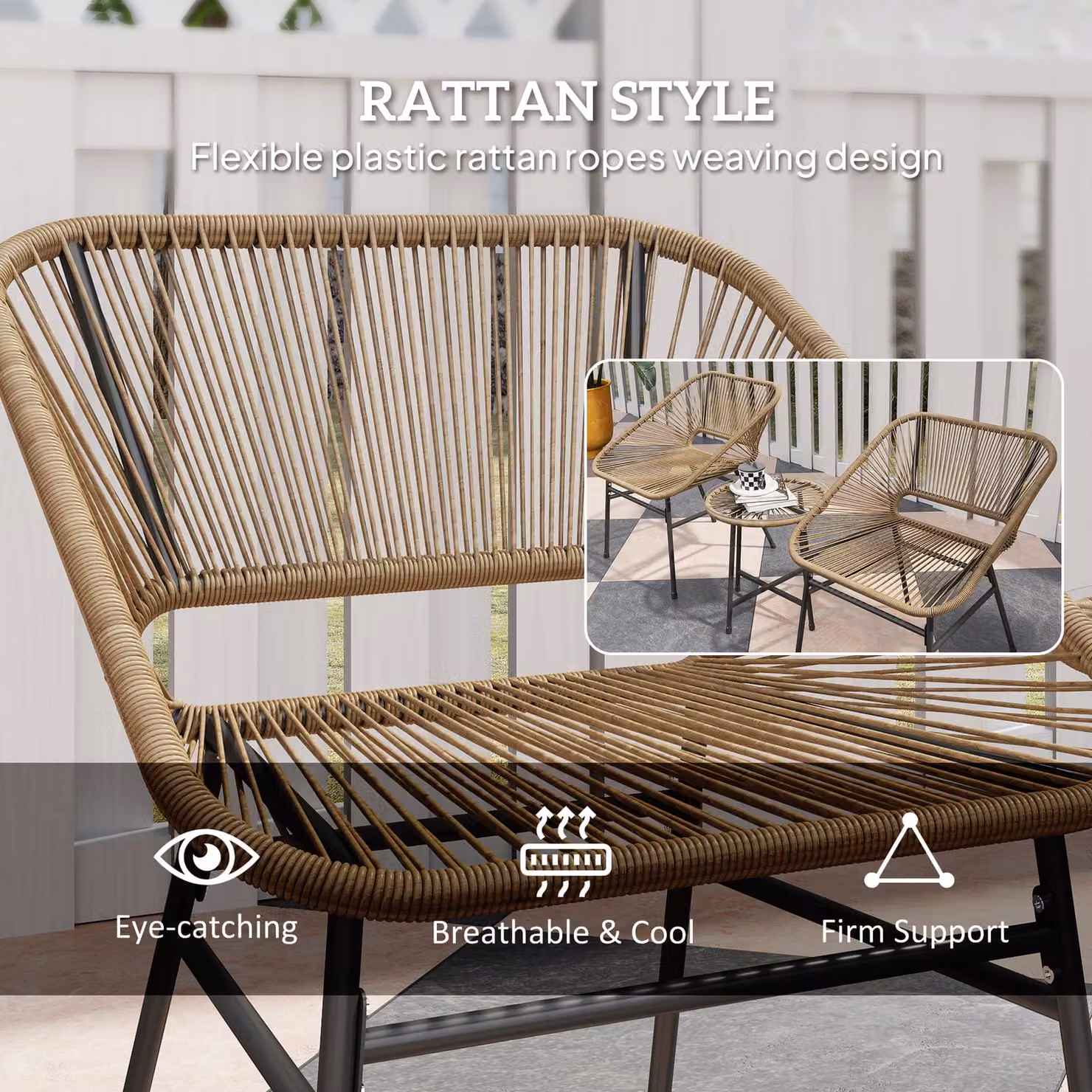 Outsunny 3 Piece Rattan Bistro Set with Round Glass Top Table and Chairs in Brown – 3
