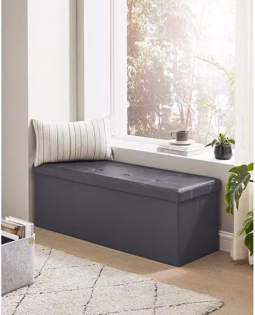 SONGMICS Large Foldable Storage Ottoman Foot Rest Cube Heavy Duty Bench in Grey – 1