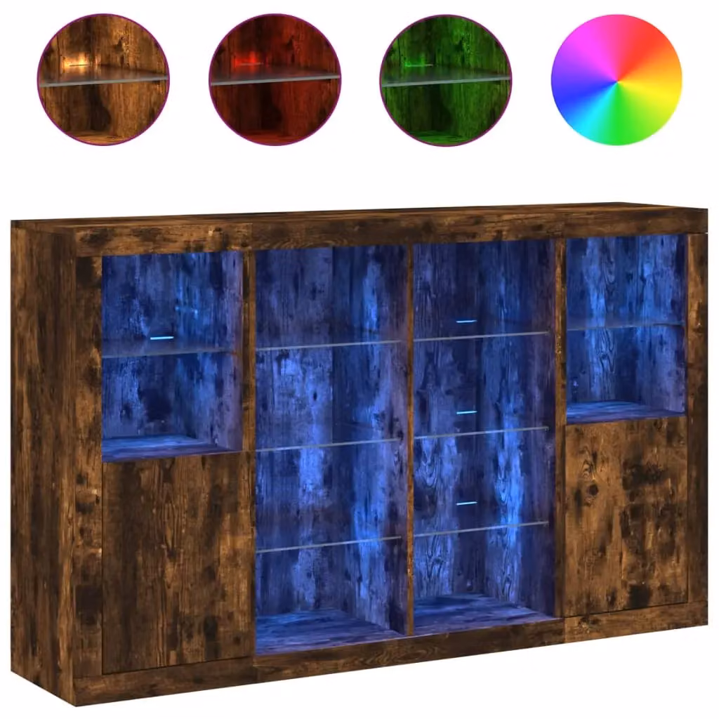 Berkfield Home Set of 3 Modern Smoked Oak Sideboards with Integrated LED Lighting in Brown – 2