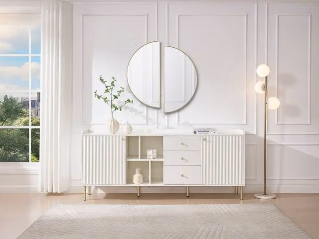 Vente-unique Modern White and Gold Sideboard with 2 Doors, 3 Soft-Close Drawers and 4 Niches
