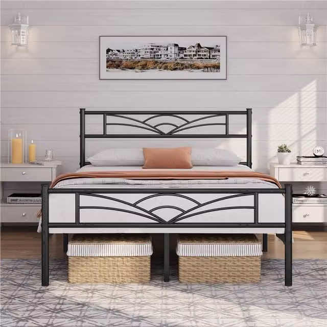Yaheetech Modern Matt Black Metal Bed Frame, W: 140 cm, L: 200 cm