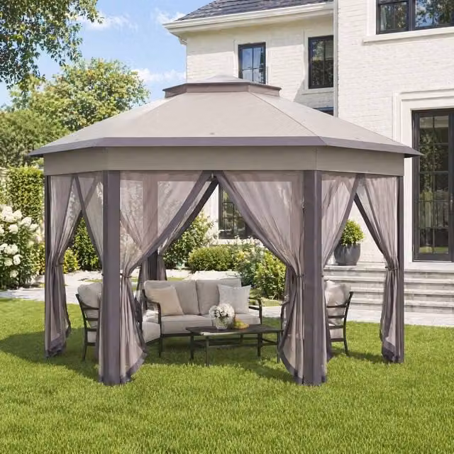 STILVORA Hexagon Gazebo with Mesh Curtains in Beige, W/D/H: 400 x 340 x 285 cm – 1