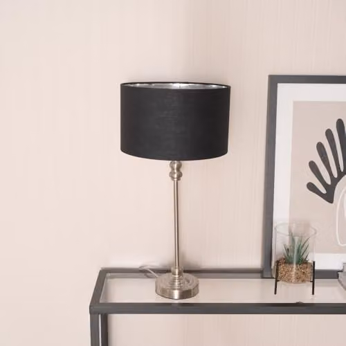 ValueLights Maggie Chrome Candlestick Table Lamp with Black Fabric Drum and Chrome Inner Shade – 2