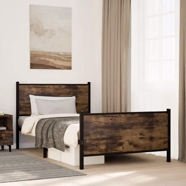 Berkfield Home Metal Bed Frame in Smoked Oak Brown, W: 100 cm, L: 190 cm