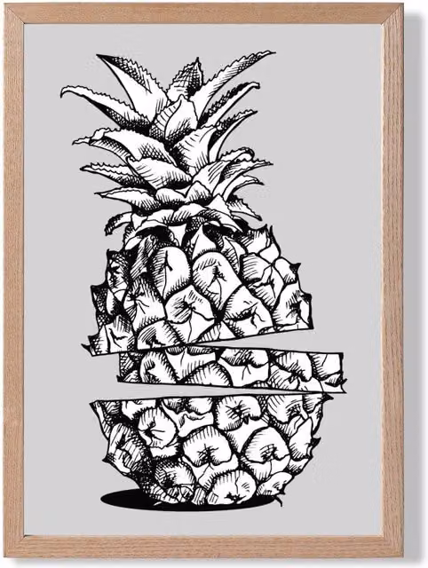 ARTZE Sketch Pineapple Botanical Illustration on Light Grey Paper with Oak Frame, A2