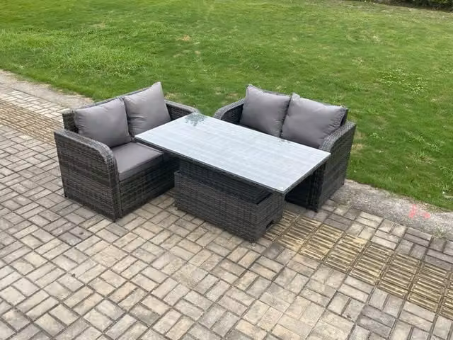 Fimous Outdoor Rattan Garden Dining Set with Height Adjustable Lifting Table and Love Sofa in Dark Grey