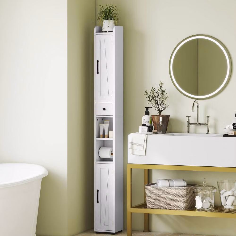 ERGOVEXA Tall White Bathroom Cabinet with Internal Drawers and Adjustable Shelves – 3