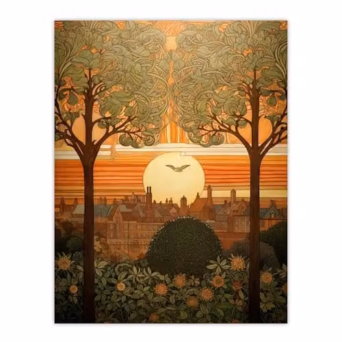 Artery8 Art Nouveau Autumn Village Sunset Unframed Paper Wall Art Print Poster, Multicolour, W: 41.0 cm x H: 30.5 cm – 1